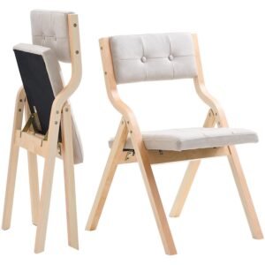 Wooden Folding Chairs with Cushion, Set of 2, Portable Foldable Cushion Chair with Wooden Frame, Modern Padded Dining Chair for Kitchen, Office, Wedding, Party, Dining Room, Easy Assembly, Beige
