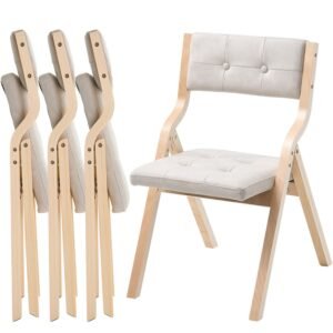 Wooden Folding Chairs with Cushion, Set of 4, Portable Foldable Cushion Chair with Wooden Frame, Modern Padded Dining Chair for Kitchen, Office, Wedding, Party, Dining Room, Easy Assembly, Beige