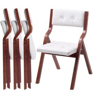 Wooden Folding Chairs with Cushion, Set of 4, Portable Foldable Cushion Chair with Wooden Frame, Modern Padded Dining Chair for Kitchen, Office, Wedding, Party, Dining Room, Easy Assembly, White