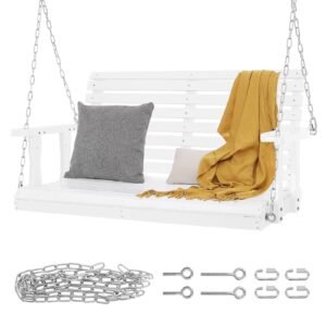 Wooden Porch Swing 4 ft, Patio bench swing for Courtyard & Garden, Upgraded 880 lbs Strong Load Capacity, Heavy Duty Swing Chair Bench with Hanging Chains for Outdoors, White
