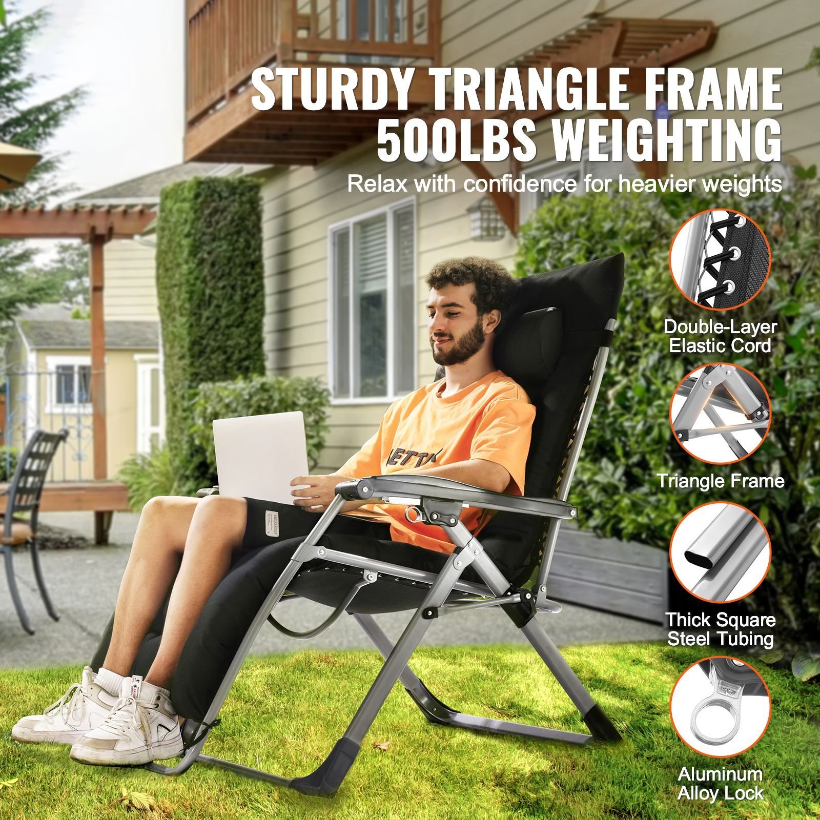 zero gravity chair, 33 inch zero gravity recliner lounge chair for indoor and outdoor, adjustable anti gravity chair with cushion, headrest, footrest, and cupholder, 500 lbs, black