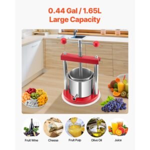 0.44 gal/1.65l fruit wine press, 2 stainless steel barrels, manual juice maker, cider apple grape tincture honey olive oil making press with t handle for outdoor kitchen home