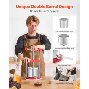 0.44 gal/1.65l fruit wine press, 2 stainless steel barrels, manual juice maker, cider apple grape tincture honey olive oil making press with t handle for outdoor kitchen home
