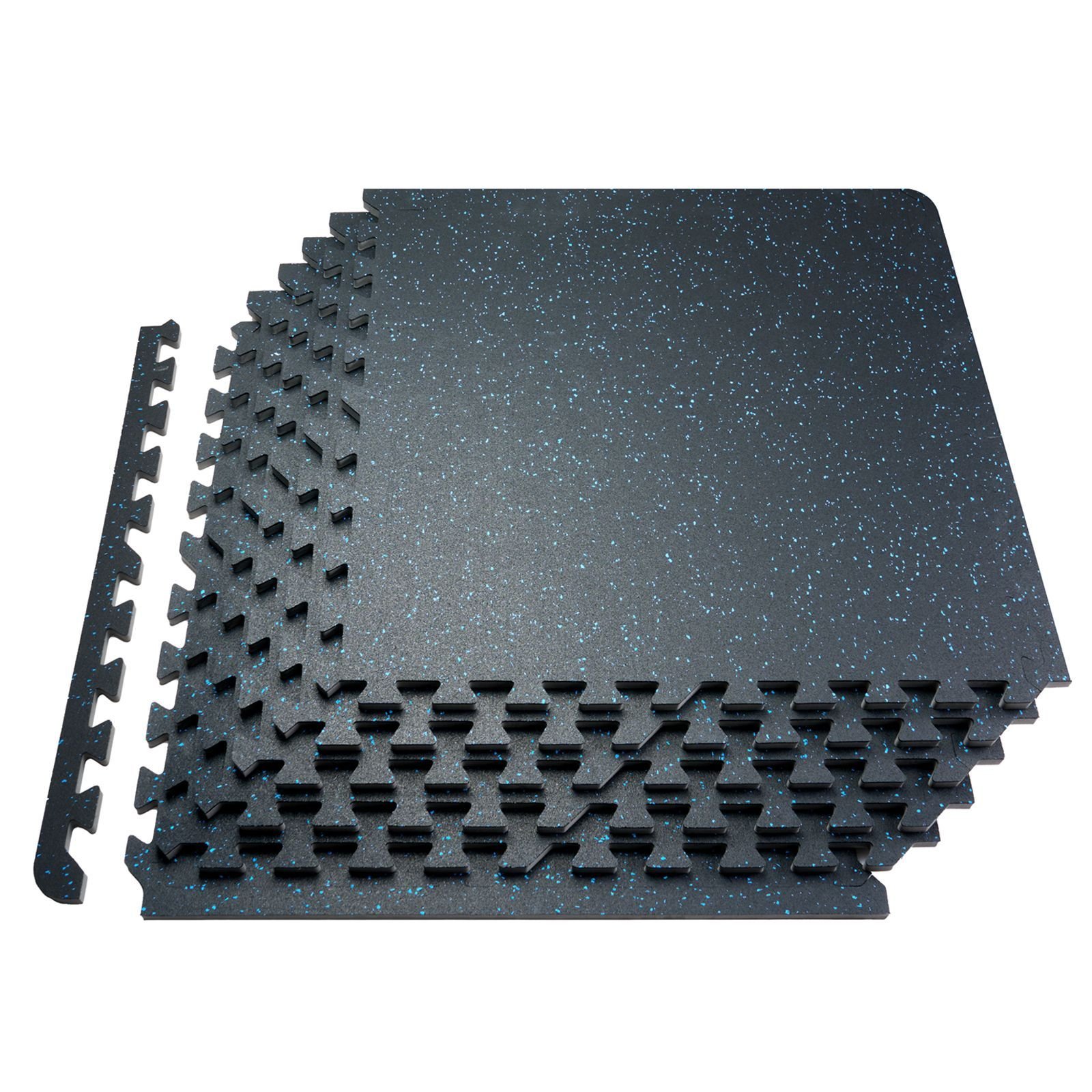 0.56 inch thick gym floor mats, 25 tiles rubber top with eva foam, 25" x 25" gym flooring workout mats with 100sq.ft coverage, interlocking puzzle gym mats for gym, home, garage, black & blue