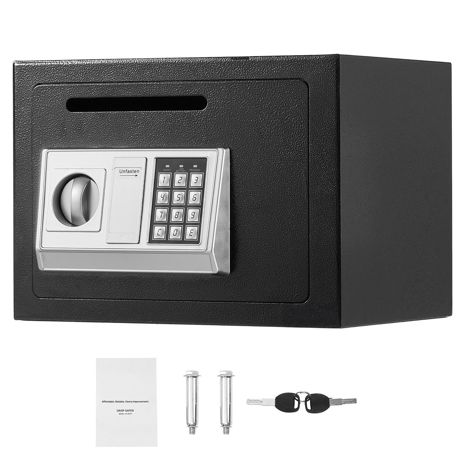 0.6 cubic feet drop safe, drop slot safe box with password and turn knob, heavy duty compact cash depository box with a front lock slot for cash, bank slips, jewelry, documents, bills, black