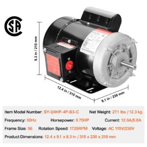 0.75hp electric motor 1725 rpm, ac 115v/230v, 56 frame, air compressor motor single phase, 5/8" keyed shaft, cw/ccw rotation for agricultural machinery and general equipment