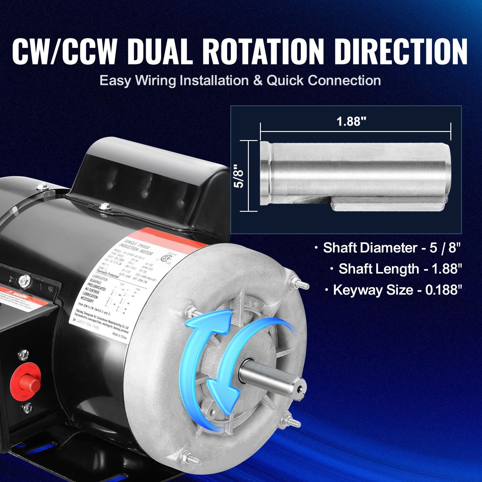 0.75hp electric motor 1725 rpm, ac 115v/230v, 56 frame, air compressor motor single phase, 5/8" keyed shaft, cw/ccw rotation for agricultural machinery and general equipment