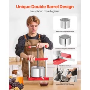 0.8 gal/3l fruit wine press, 2 stainless steel barrels, manual juice maker, cider apple grape tincture honey olive oil making press with t handle for outdoor kitchen home