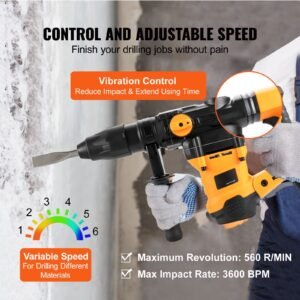 1 9/16 inch sds max rotary hammer drill, 13amp corded drills, heavy duty chipping hammers with vibration control & safety clutch, electric demolition hammers variable speed, power tool for concr