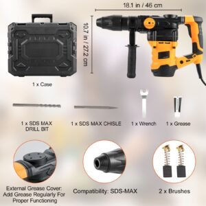 1 9/16 inch sds max rotary hammer drill, 13amp corded drills, heavy duty chipping hammers with vibration control & safety clutch, electric demolition hammers variable speed, power tool for concr
