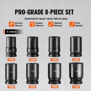 1" drive impact socket set, 8 piece deep socket set metric 27 41mm, 6 point cr mo alloy steel for auto repair, easy to read size markings, rugged construction, includes storage case
