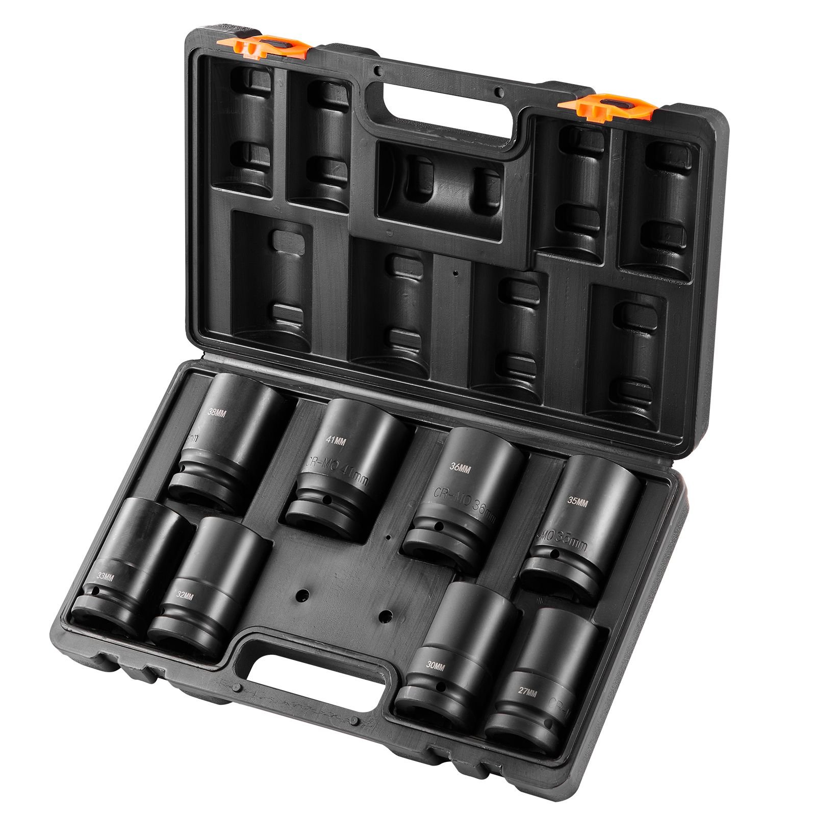 1" drive impact socket set, 8 piece deep socket set metric 27 41mm, 6 point cr mo alloy steel for auto repair, easy to read size markings, rugged construction, includes storage case