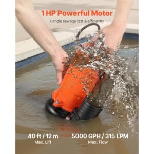 1 hp submersible trash pump, 5000 gph, 120v cast iron submersible sump sewage pump with 3 in discharge, 40 ft max lift, drain dirty clean water, for pools, garden, pond, basement, flooded areas