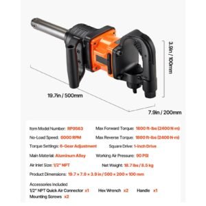 1 inch air impact wrench, up to 1800 ft lbs nut busting torque, 18.7 lbs lightweight pneumatic impact gun with 6" extended anvil for heavy duty repairs and maintenance