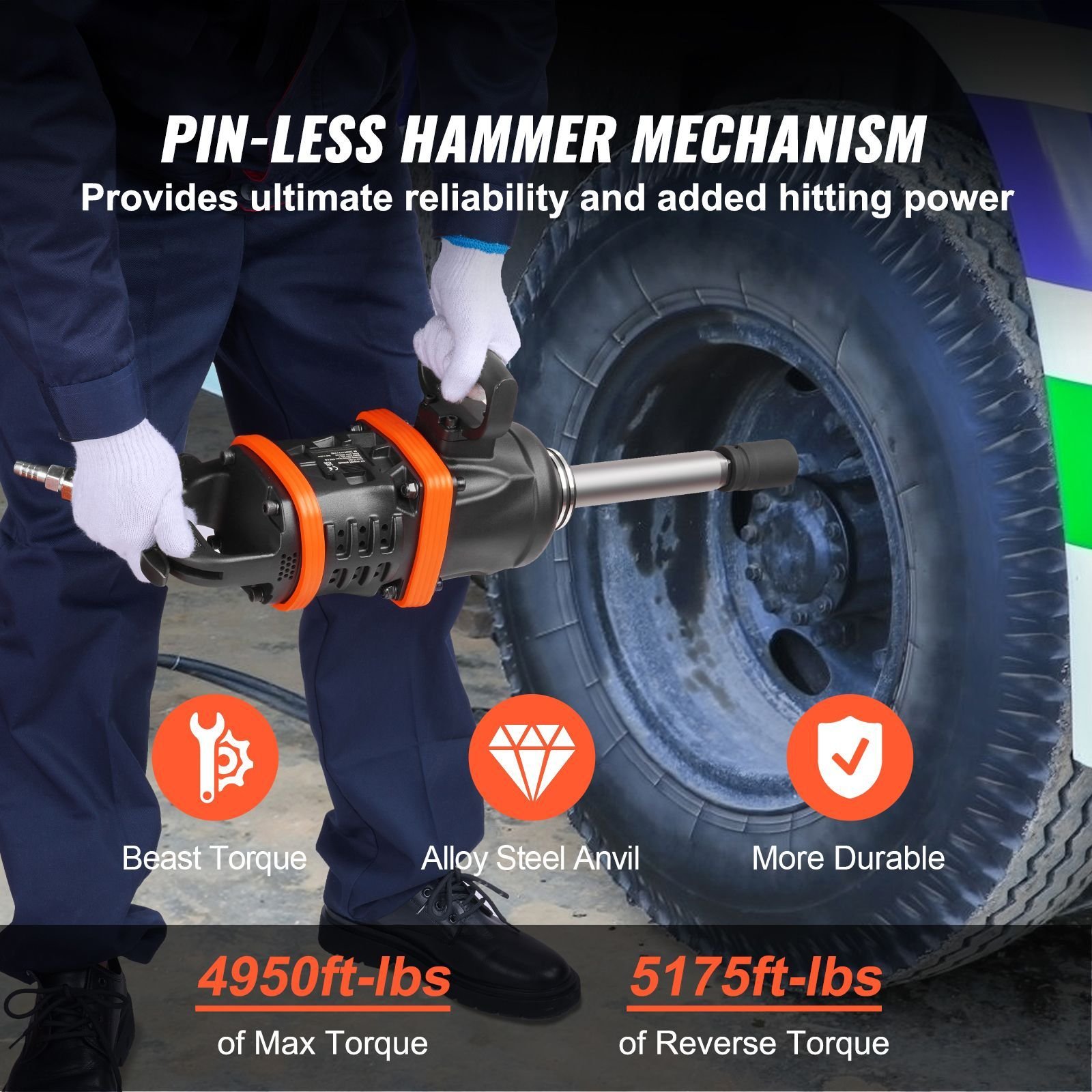 1 inch air impact wrench, up to 5175 ft lbs beast reverse torque output pneumatic impact gun w/ 8 inch extended anvil for repairs and maintenance of heavy duty machinery / semi truck / bus