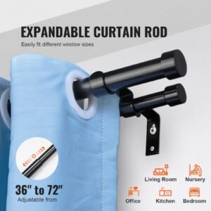 1 inch double curtain rods 36 to 72 inches(3 6ft), drapery rods for windows 24 to 68 inches, telescoping dual curtain rod with round finials, black