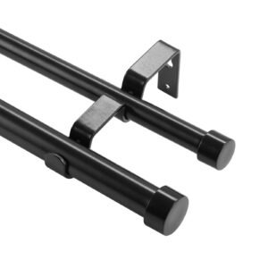 1 inch double curtain rods 74 to 144 inches(6 12ft), drapery rods for windows 69 to 140 inches, telescoping dual curtain rod with round finials, black