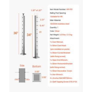 1 pack cable railing post, 36x2x2 in horizontal hole deck railing post with pre drilled holes, stainless steel cable rail post with horizontal and curved bracket, silver, 1jzlgzxys91466kzk001v0