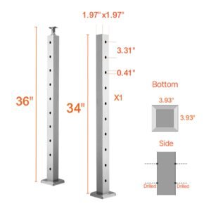 1 pack cable railing post, 36x2x2 in horizontal hole deck railing post with pre drilled holes, stainless steel cable rail post with horizontal and curved bracket, silver, 1jzlgzxys91466kzk001v0