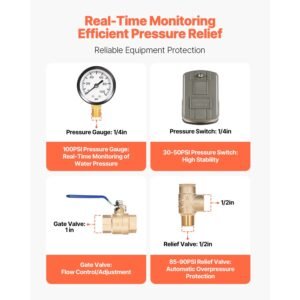1" x 11" well pressure tank tee kit, with 30/50psi switch, 8 pieces pure brass pressure tank installation kit for water well, 1 in gate valve included, fit most tanks with diameter up to 16 in