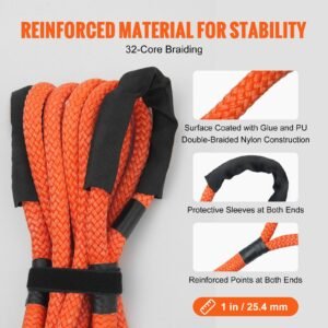 1" x 20' kinetic recovery tow rope 38,000 lbs, heavy duty off road snatch strap, extreme duty 30% elasticity energy snatch strap for jeep car truck atv utv suv tractor