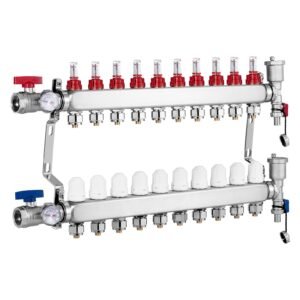 10-Branch Radiant Heat Manifold, 1/2" PEX Tubing Manifold, Stainless Steel PEX Manifold for Hydronic Radiant Floor Heating, Radiant Heat PEX Manifold Kit with 1/2" Adapters Included