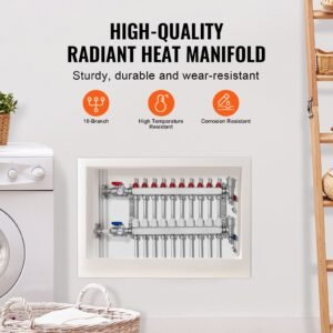 10 branch radiant heat manifold, 1/2" pex tubing manifold, stainless steel pex manifold for hydronic radiant floor heating, radiant heat pex manifold kit with 1/2" adapters included