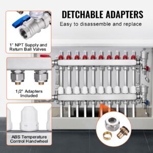 10 branch radiant heat manifold, 1/2" pex tubing manifold, stainless steel pex manifold for hydronic radiant floor heating, radiant heat pex manifold kit with 1/2" adapters included