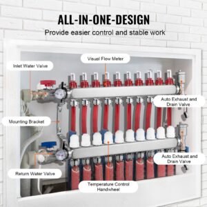 10 branch radiant heat manifold, 1/2" pex tubing manifold, stainless steel pex manifold for hydronic radiant floor heating, radiant heat pex manifold kit with 1/2" adapters included