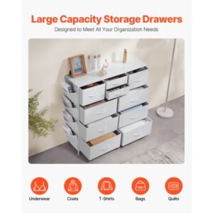 10 drawer dresser, fabric drawer dresser with fabric bins, closet storage drawers with easy pull handle and sturdy steel frame, fabric storage tower for bedroom, hallway, closet, nursery, white