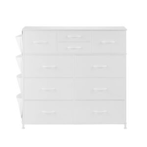 10 Drawer Dresser, Fabric Drawer Dresser with Fabric Bins, Closet Storage Drawers with Easy Pull Handle and Sturdy Steel Frame, Fabric Storage Tower for Bedroom, Hallway, Closet, Nursery, White