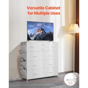 10 drawer dresser, fabric drawer dresser with fabric bins, closet storage drawers with easy pull handle and sturdy steel frame, fabric storage tower for bedroom, hallway, closet, nursery, white