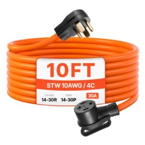 10 ft dryer extension cord, 4 prong nema 14 30p to 14 30r dryer cord, 125v/250v, stw 10awg/4c, 30a, pure copper wire cable with black non woven bag and pvc cable tie, for outdoor & indoor use