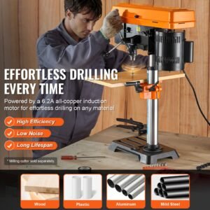 10 in benchtop drill press, 6.2a induction motor, tabletop drilling machine with 650 / 1050 / 1800 / 2350 / 3100 rpm adjustable speed, 0 45° tilting worktable, led work light, for wood metal