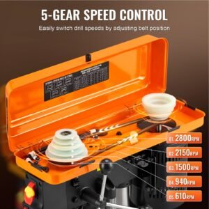 10 in benchtop drill press, 6.2a induction motor, tabletop drilling machine with 650 / 1050 / 1800 / 2350 / 3100 rpm adjustable speed, 0 45° tilting worktable, led work light, for wood metal