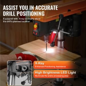 10 in benchtop drill press, 6.2a induction motor, tabletop drilling machine with 650 / 1050 / 1800 / 2350 / 3100 rpm adjustable speed, 0 45° tilting worktable, led work light, for wood metal