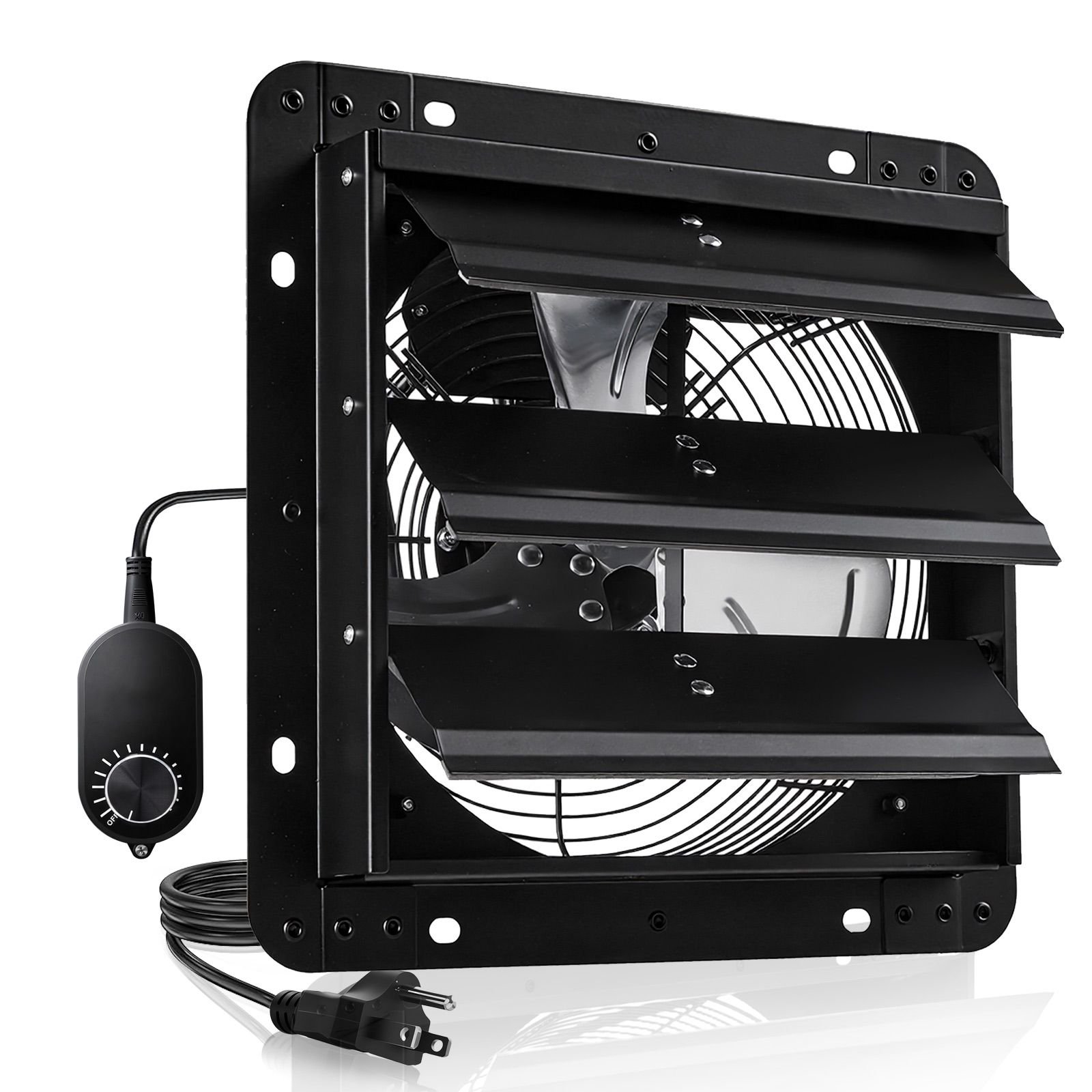 10 inch shutter exhaust fan, wall mounted attic vent fan with variable speed controller, 900 cfm, ac motor, heavy duty steel, low noise for shed, garage, greenhouse ventilation cooling, black