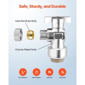 10 pack angle stop valve, push to connect water shut off valve 1/2" ptc x 3/8" od compression, 1/4 turn chrome plated brass shutoff valves for copper, cpvc, pe rt, pex pipe