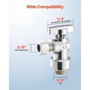 10 pack angle stop valve, push to connect water shut off valve 1/2" ptc x 3/8" od compression, 1/4 turn chrome plated brass shutoff valves for copper, cpvc, pe rt, pex pipe