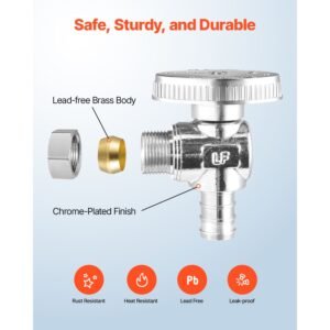 10 pack angle stop valve, water shut off valve 1/2" pex x 3/8" od compression, 1/4 turn chrome plated brass shutoff valves for bathroom kitchen toilet shower plumbing