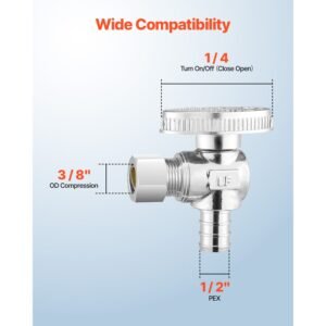 10 pack angle stop valve, water shut off valve 1/2" pex x 3/8" od compression, 1/4 turn chrome plated brass shutoff valves for bathroom kitchen toilet shower plumbing
