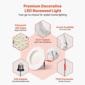 10 pack led recessed lighting, 4 inches, retrofit can lights, 750 lm 9w 120v, selectable 5cct 2700k/3000k/3500k/4000k/5000k, 10% to 100% dimmable, compatible with e26 base and tp24 connector