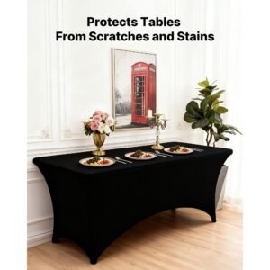 10 pack table cloth for 6ft rectangular fitted events, wrinkle resistant stretch black table covers, washable spandex tablecloth protector, for party, wedding, cocktail, banquet, festival