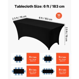 10 pack table cloth for 6ft rectangular fitted events, wrinkle resistant stretch black table covers, washable spandex tablecloth protector, for party, wedding, cocktail, banquet, festival