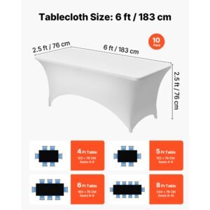 10 pack table cloth for 6ft rectangular fitted events, wrinkle resistant stretch white table covers, washable spandex tablecloth protector, for party, wedding, cocktail, banquet, festival