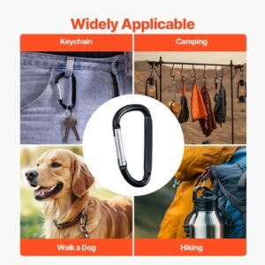 10 pcs black carabiner, caribeaner clip, spring snap hook for keychain clip, 3.07" aluminum alloy d ring shape carabeaner with 20 pcs keyring, multipurpose for camping, hiking, backpacking