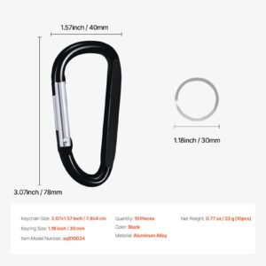 10 pcs black carabiner, caribeaner clip, spring snap hook for keychain clip, 3.07" aluminum alloy d ring shape carabeaner with 20 pcs keyring, multipurpose for camping, hiking, backpacking