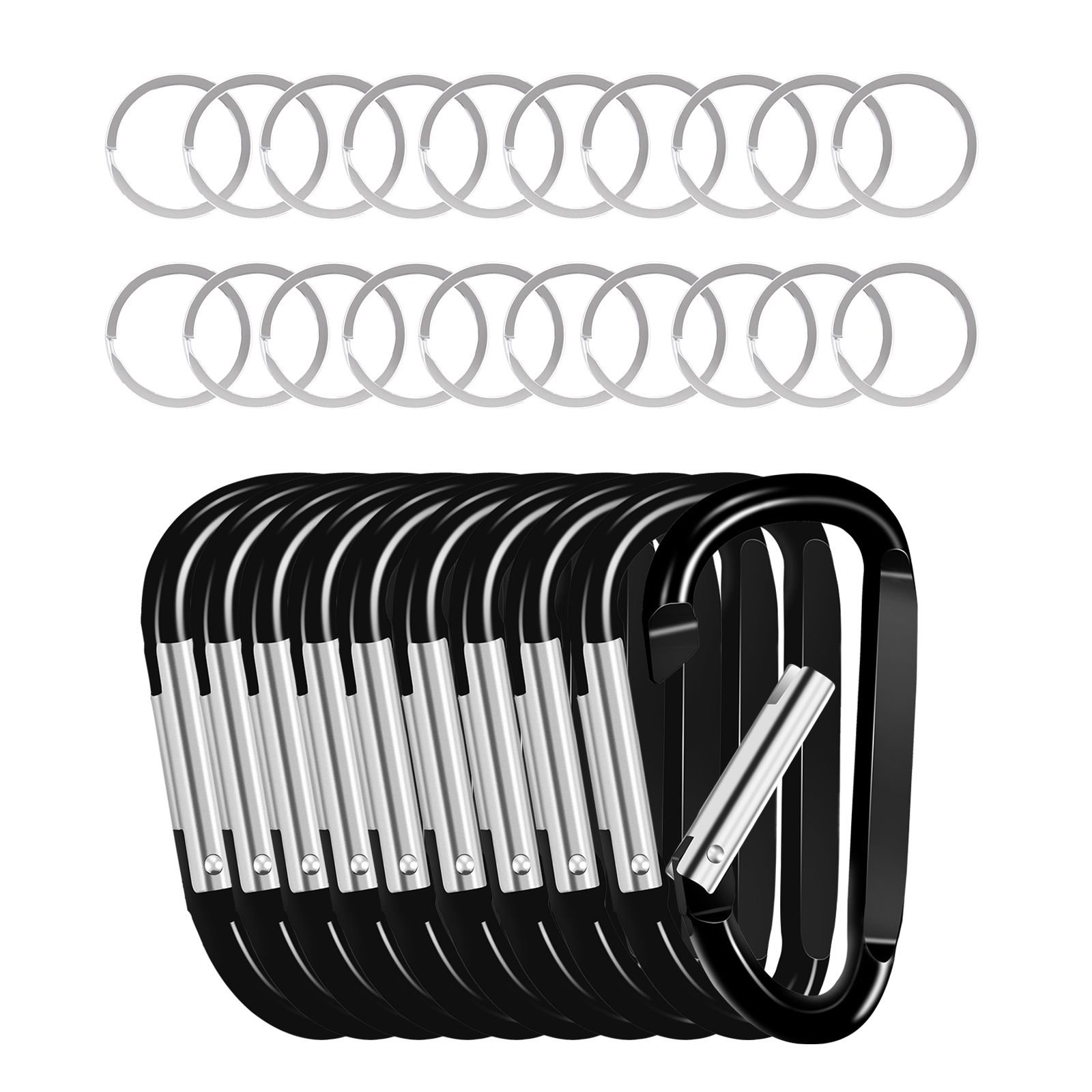 10 pcs black carabiner, caribeaner clip, spring snap hook for keychain clip, 3.07" aluminum alloy d ring shape carabeaner with 20 pcs keyring, multipurpose for camping, hiking, backpacking