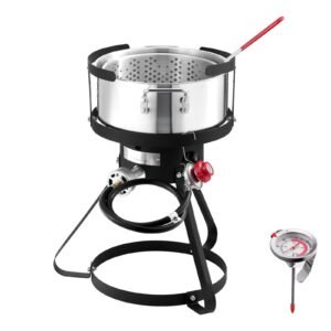 10 Qt Fish and Wing Fryer, Aluminum Propane Fish Fryer Kit, Outdoor Deep Fryer Seafood Pot with Thermometer, Strainer Basket, and 54,000 BTUs Propane Burners, for Outdoor and Backyard Cooking