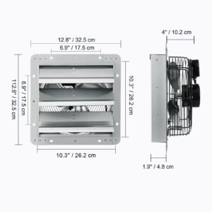 10'' shutter exhaust fan, high speed 820 cfm, aluminum wall mount attic fan with ac motor, ventilation and cooling for greenhouses, garages, sheds, shops, fcc